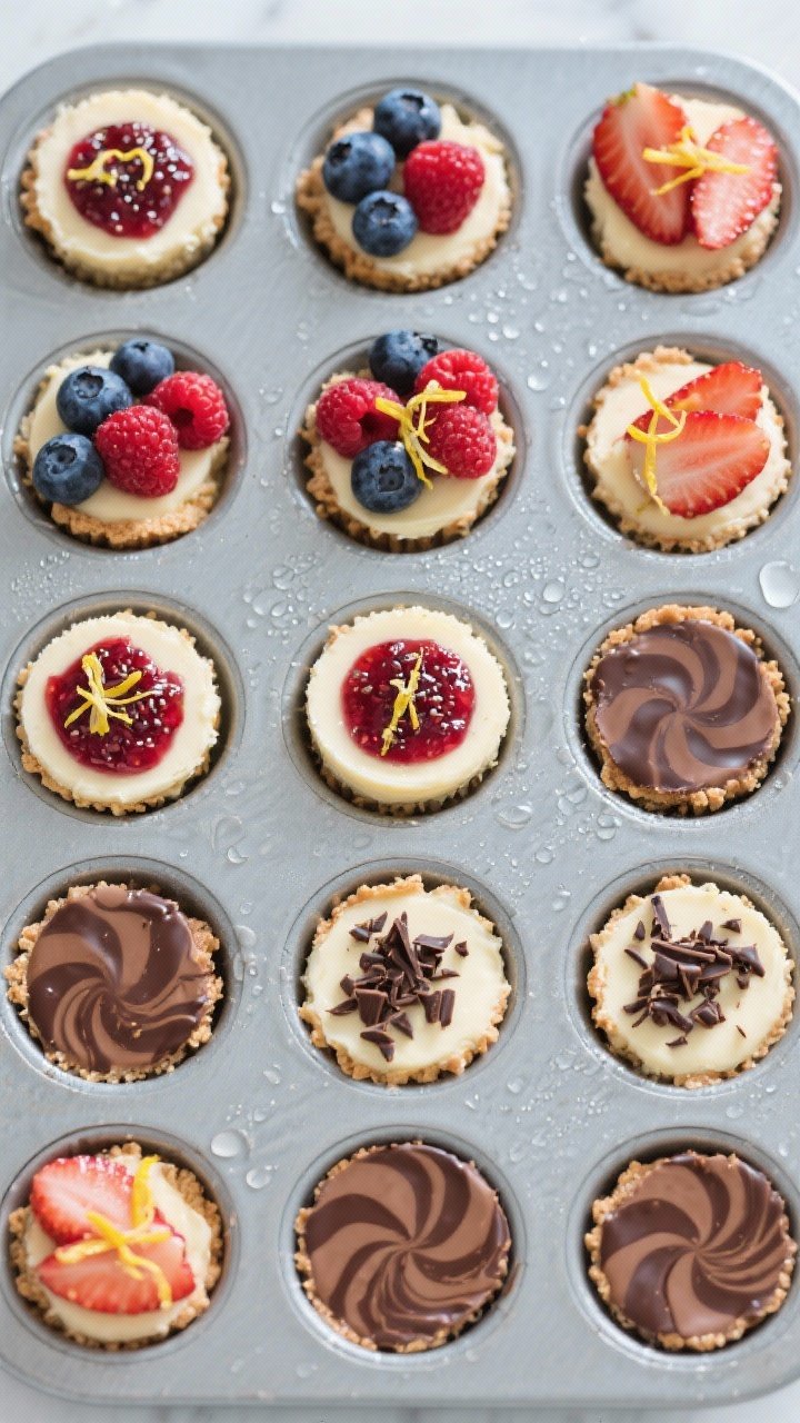 Overhead final presentation: A tidy grid of 12 chilled mini cheesecake cups in a lined muffin tin, e
