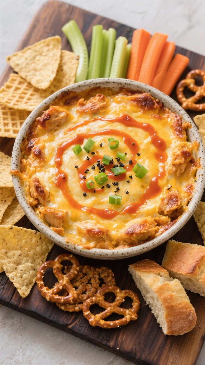 Overhead “party-ready” top view of the finished buffalo chicken dip served in a rustic, oven-saf