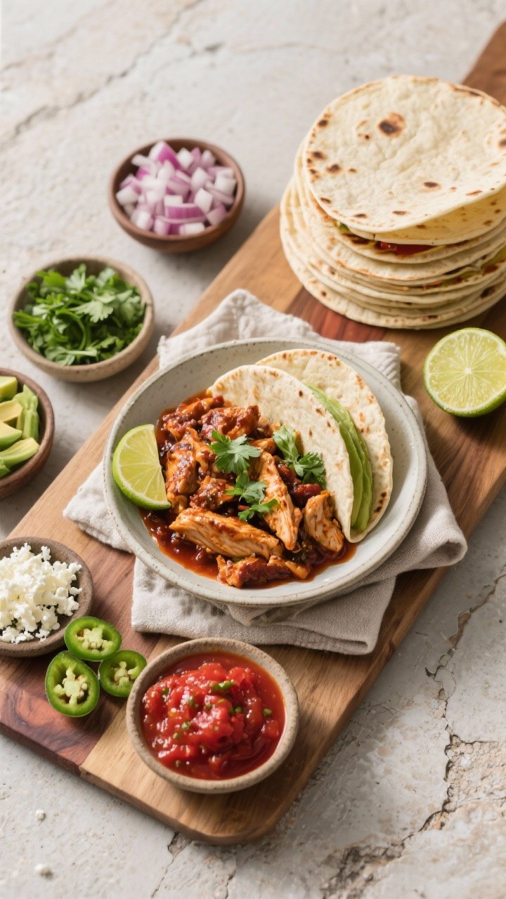 Overhead “taco night” spread – tasty top view: Top-down shot of a taco assembly board: a shall