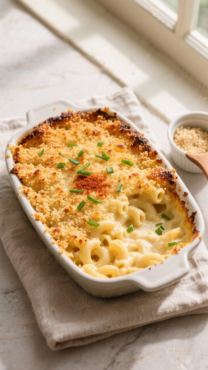 Overhead “tasty top view”: Broiled mac and cheese transferred to a shallow, broiler-safe dish wi