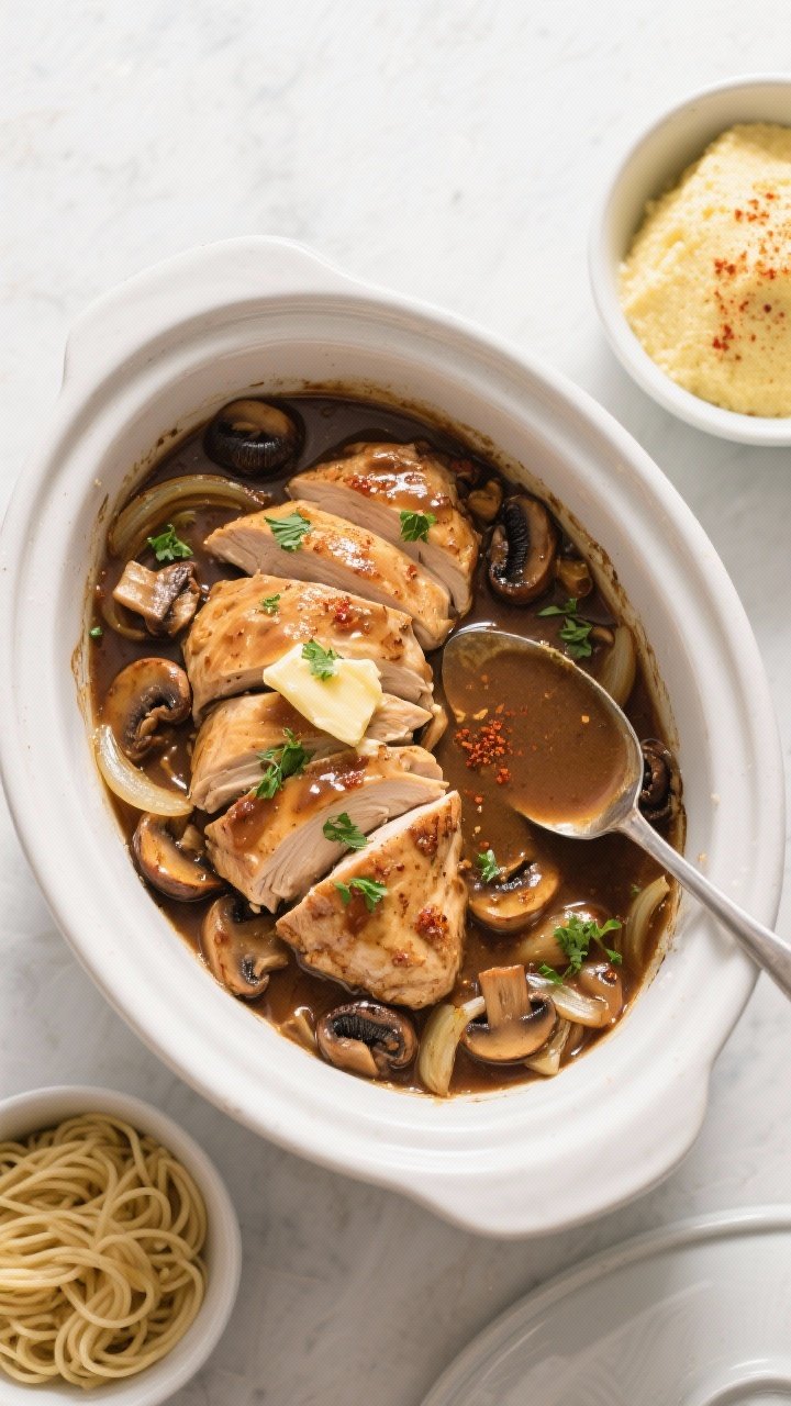 Overhead tasty top view: Crockpot Chicken Marsala served family-style in a shallow braiser, sliced c
