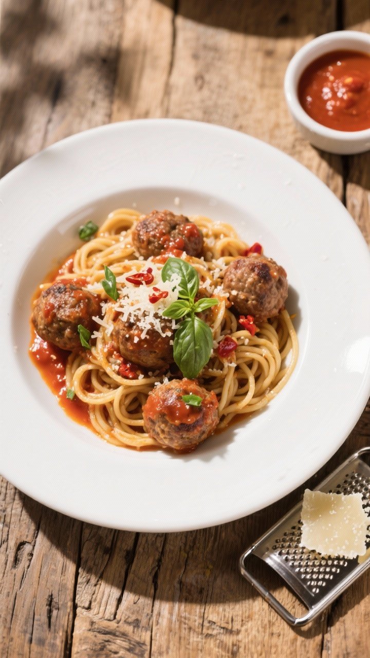 Overhead tasty top view: Final plated High Protein Turkey Meatballs over whole-grain spaghetti, gene