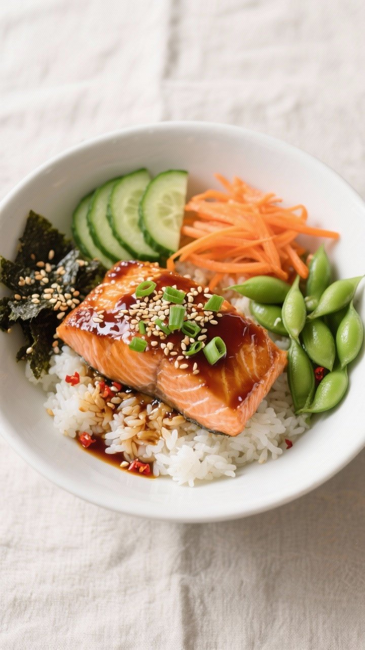 Overhead tasty top view: Fully assembled Quick Teriyaki Salmon Rice Bowl in a wide white ceramic bow