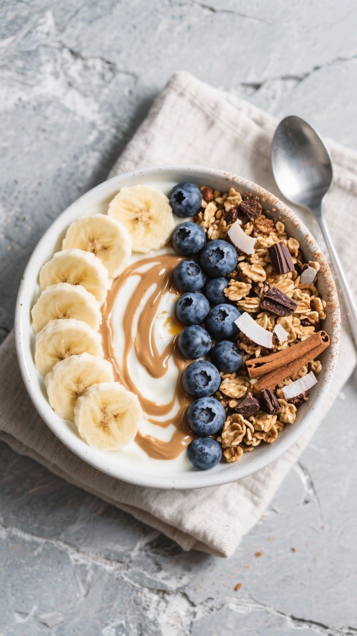 Overhead “tasty top view”: Fully assembled Sunrise Power Bowl—yogurt-oat base with peanut butt