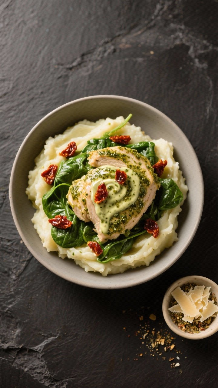 Overhead tasty top view: Hearty bowl of creamy pesto chicken served over fluffy mashed potatoes, sau