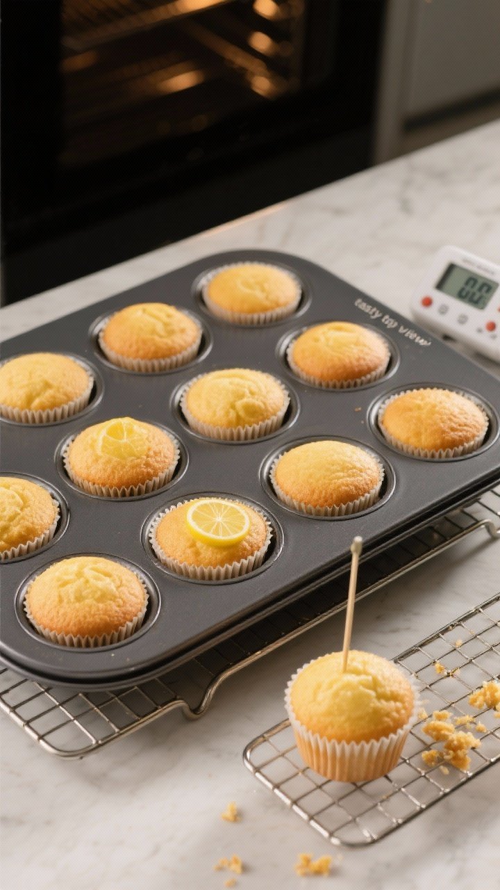 Overhead “tasty top view” of a 12-cup muffin tin just out of the oven with evenly domed, golden 