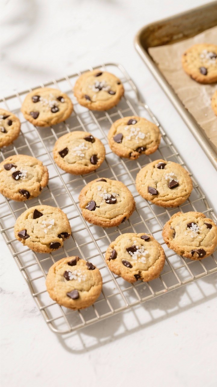Overhead “tasty top view” of a cooling rack filled with finished cookies: 12–14 evenly sized r