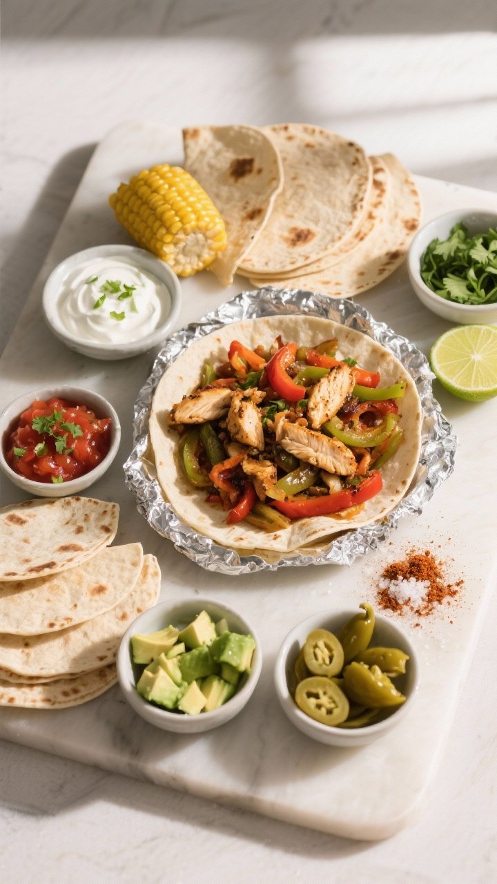 Overhead “tasty top view” of a DIY fajita spread: warm flour and corn tortillas wrapped in foil