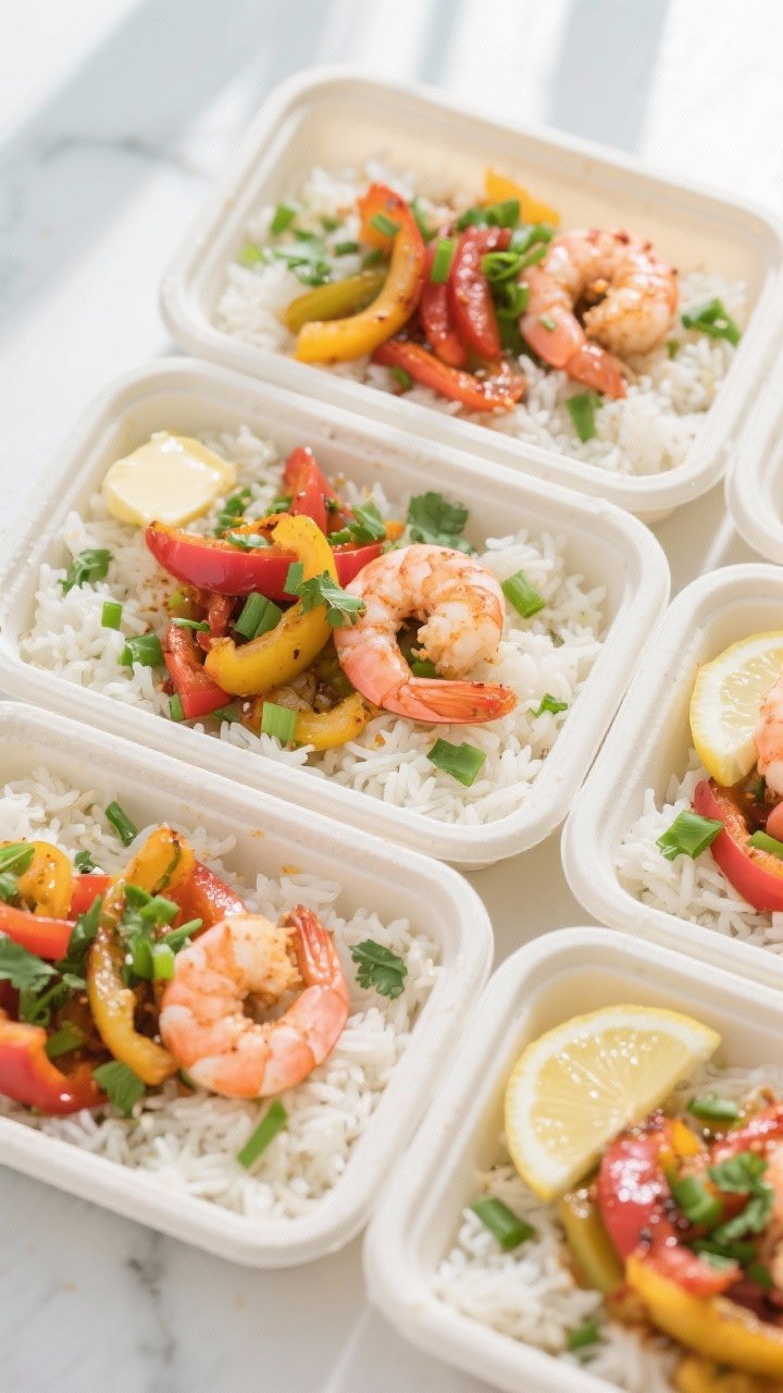 Overhead “tasty top view” of meal prep containers neatly arranged, each filled with fluffy jasmi