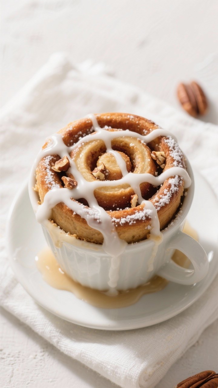 Overhead “tasty top view” of the finished cinnamon roll mug cake after a 30–45 second rest, ge