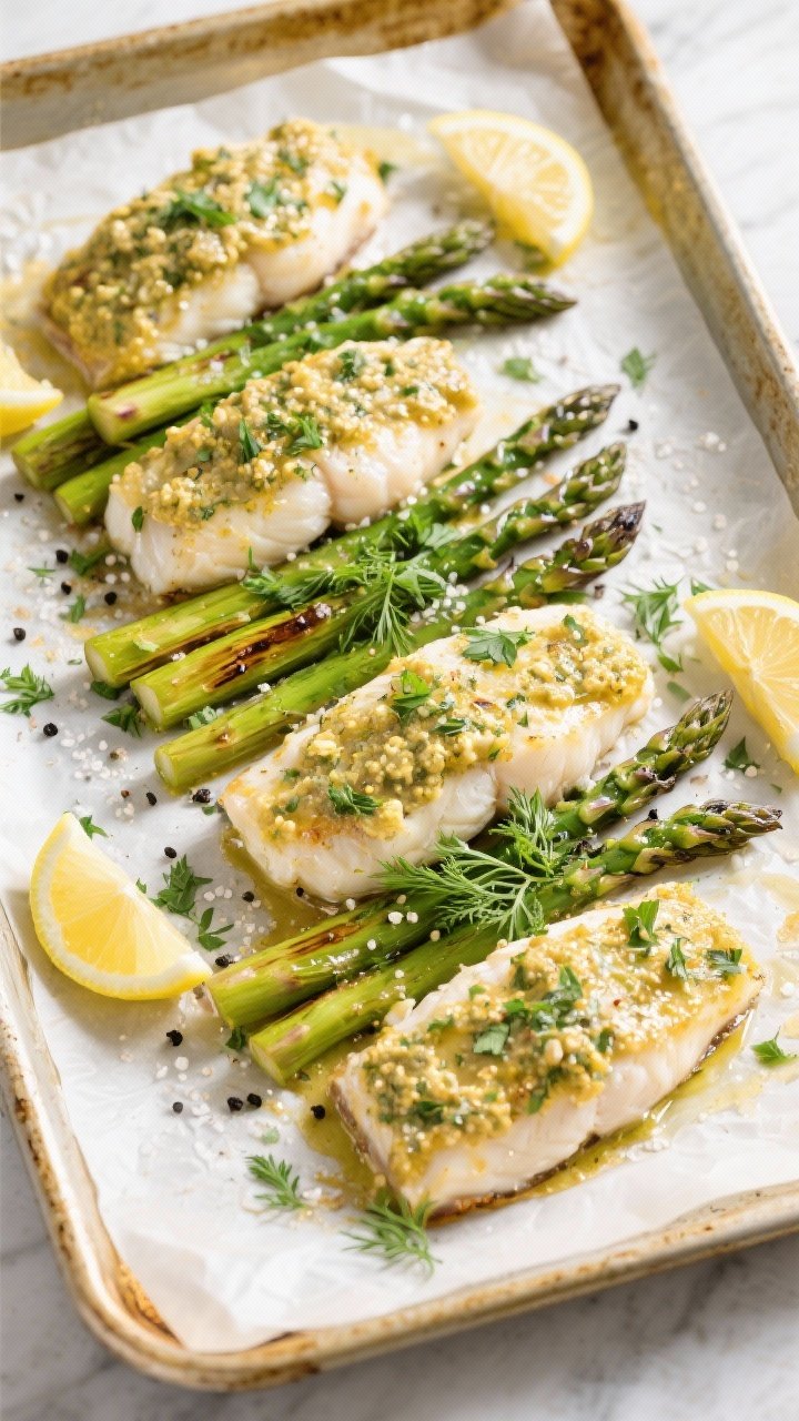 Overhead “tasty top view”: One-pan Lemon Herb Baked Cod with Asparagus on parchment-lined sheet 