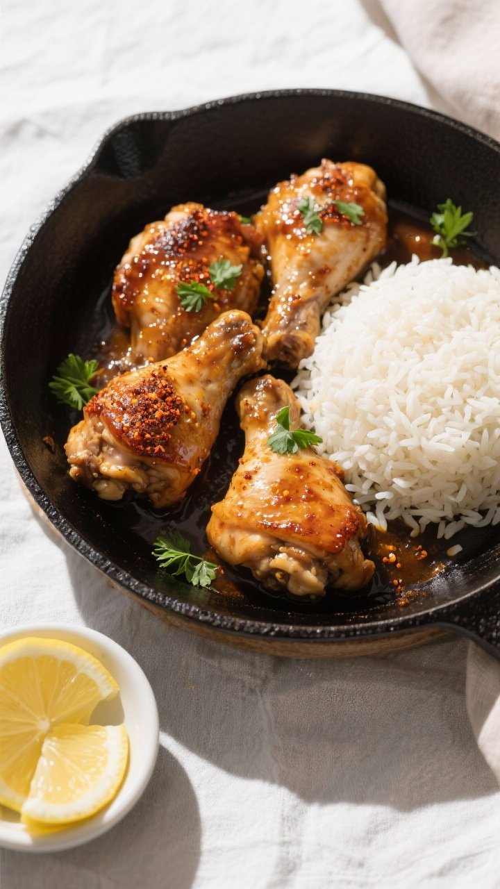 Overhead tasty top view: Pan-finished chicken thighs in a black skillet fresh from a 400°F oven, sa