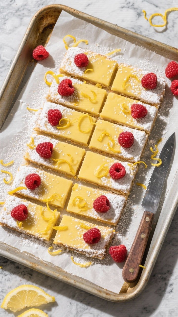 Overhead “tasty top view” shot: The slab lifted from the pan onto parchment, then dusted with po