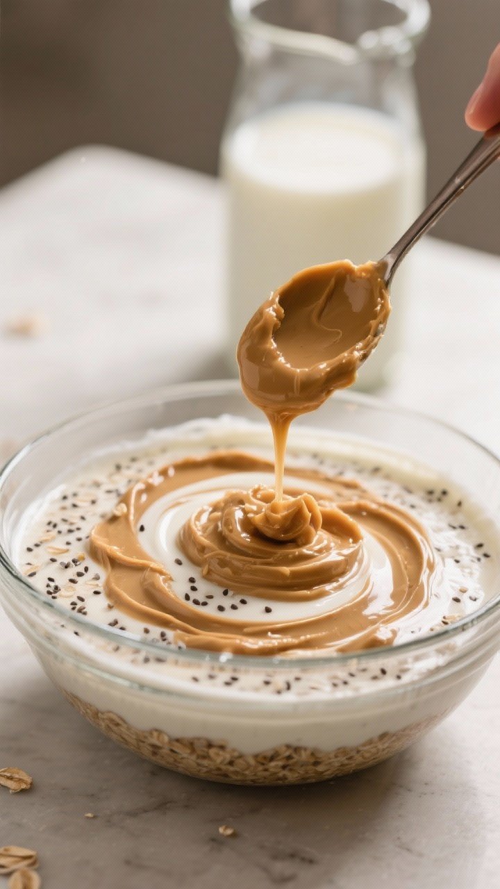 Process action shot: The peanut butter swirl step—warm, loosened peanut butter being dolloped and