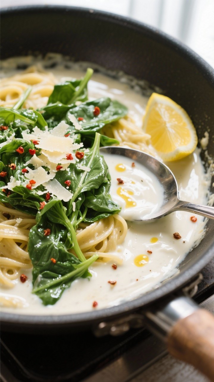 Sauce-building detail: Overhead medium-close shot of wilted baby spinach folded into a silky yogurt-