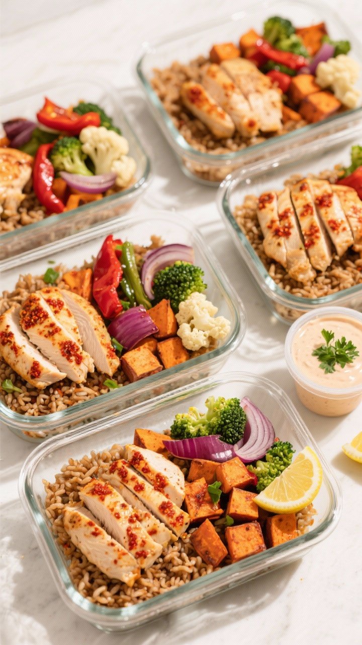Tasty top-down meal prep assembly: Overhead shot of four glass meal prep containers neatly filled wi