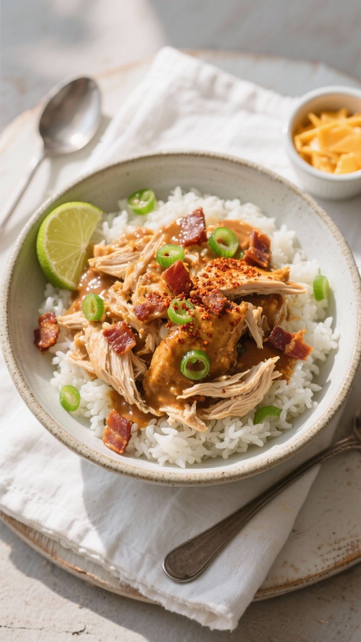 Tasty top view bowl: Overhead shot of crack chicken served over fluffy white rice in a wide, shallow