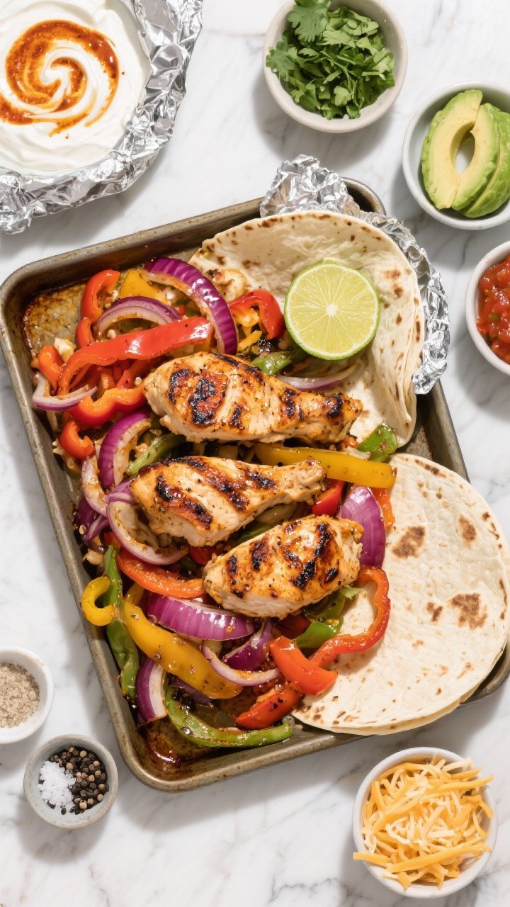Tasty top view, build-your-own spread: Overhead shot of a vibrant fajita night spread—center sheet