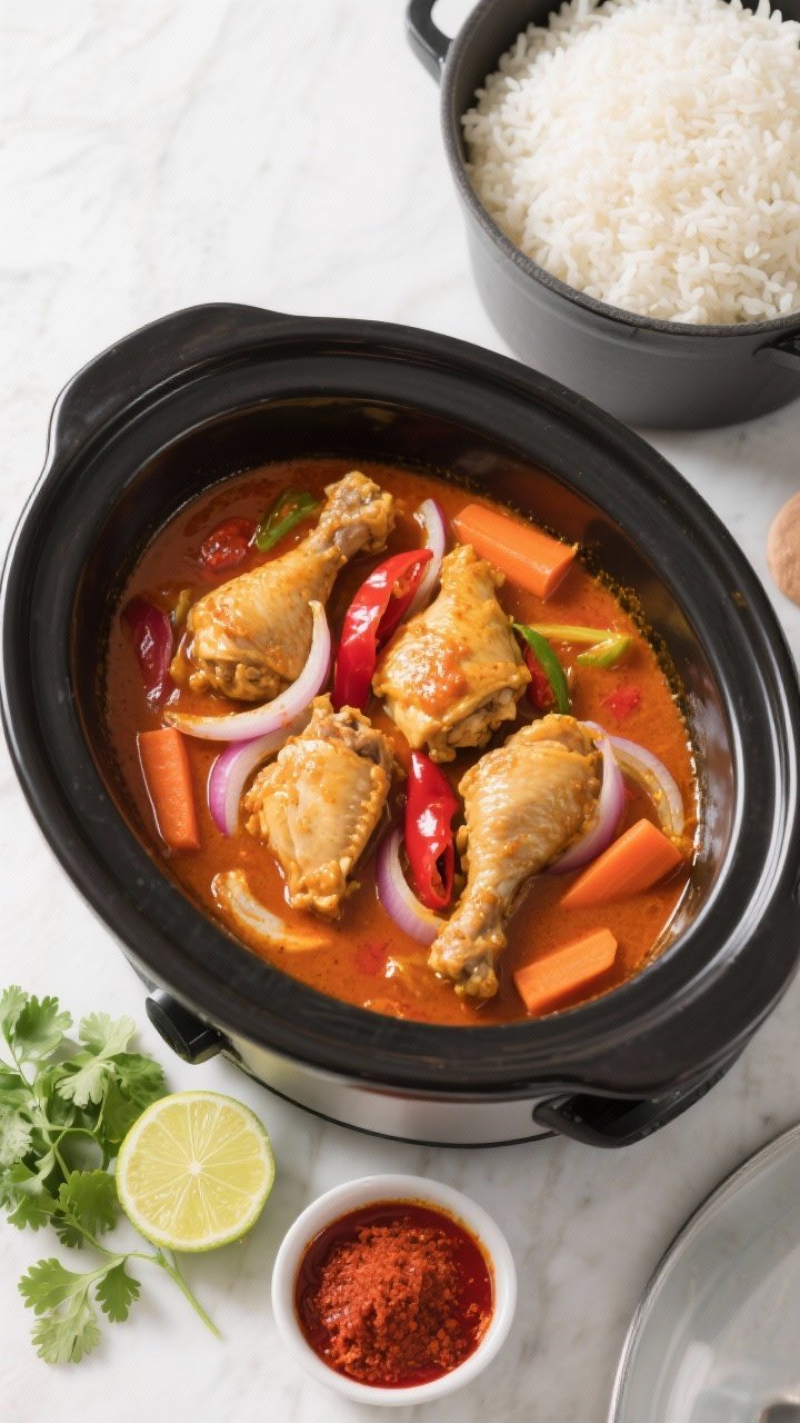Tasty top-view cooking scene: Overhead shot of the finished curry resting in a modern black slow coo