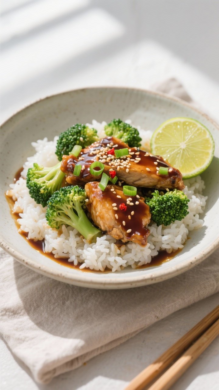 Tasty top view, final dish over rice: Overhead shot of Teriyaki Chicken and Broccoli served on fluff