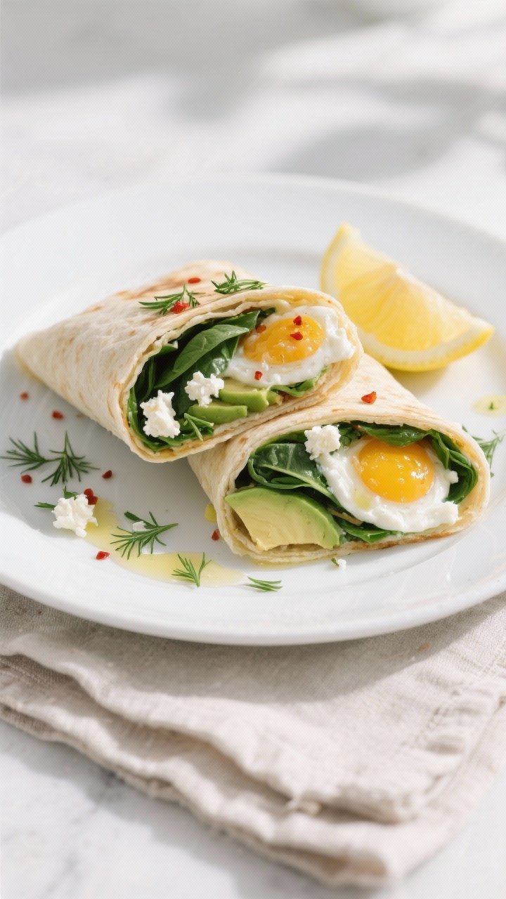 Tasty top view, final dish: Overhead shot of a sliced-in-half protein-packed breakfast wrap on a mat