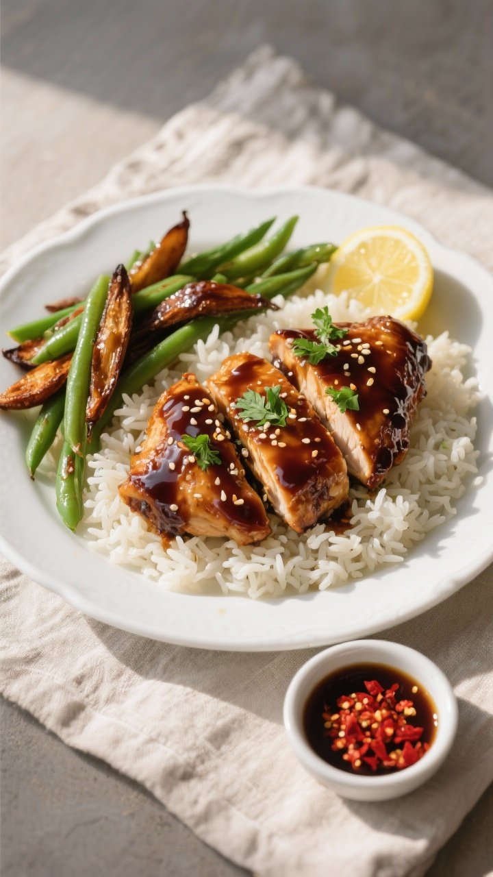 Tasty top view (final dish): Overhead shot of balsamic glazed chicken served on jasmine rice with ro