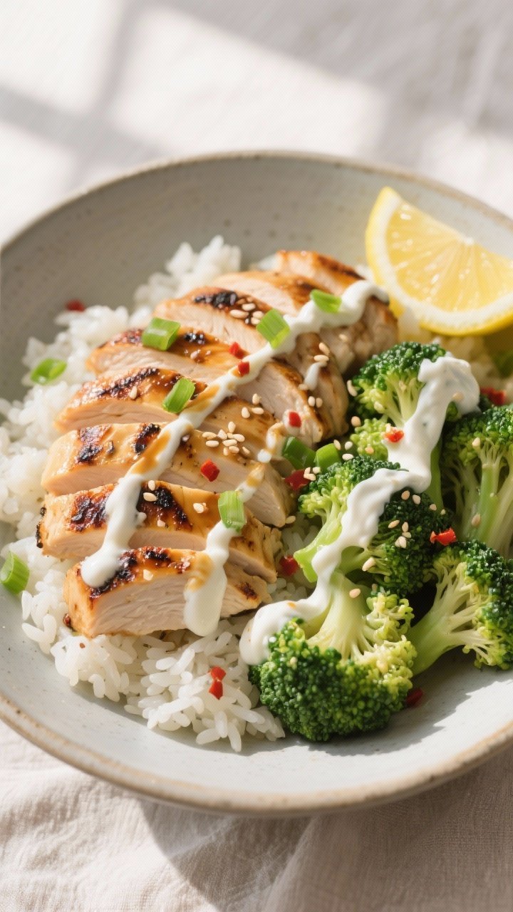 Tasty top view final dish: Overhead shot of Grilled Chicken and Broccoli Bowl assembled over jasmine