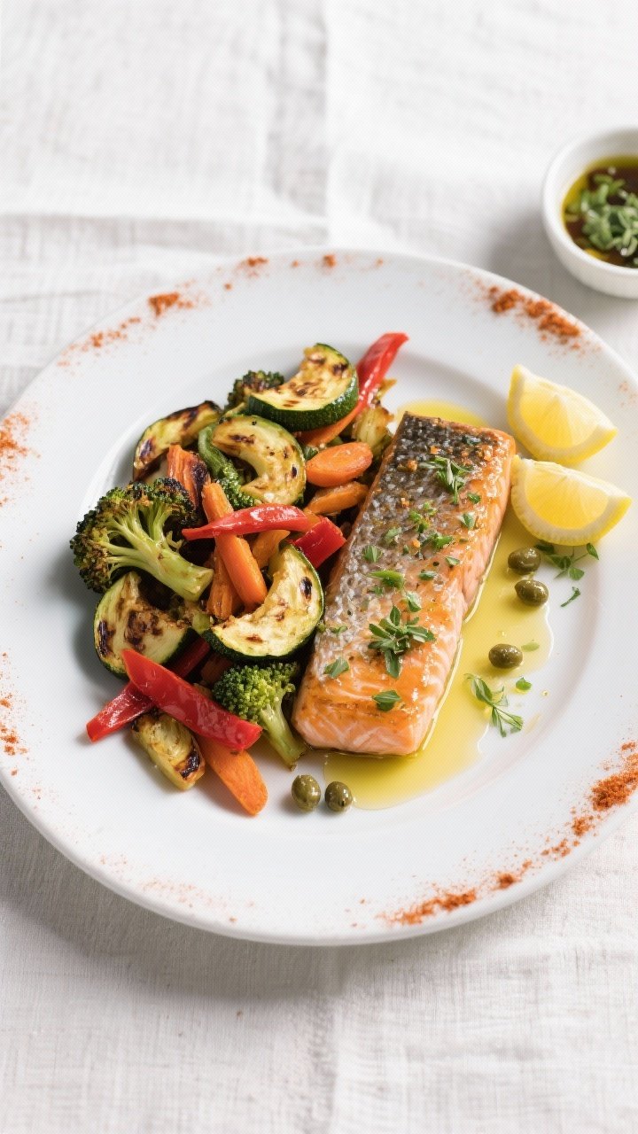 Tasty top view — Final plated dish restaurant-style: Overhead shot of a white ceramic plate with a