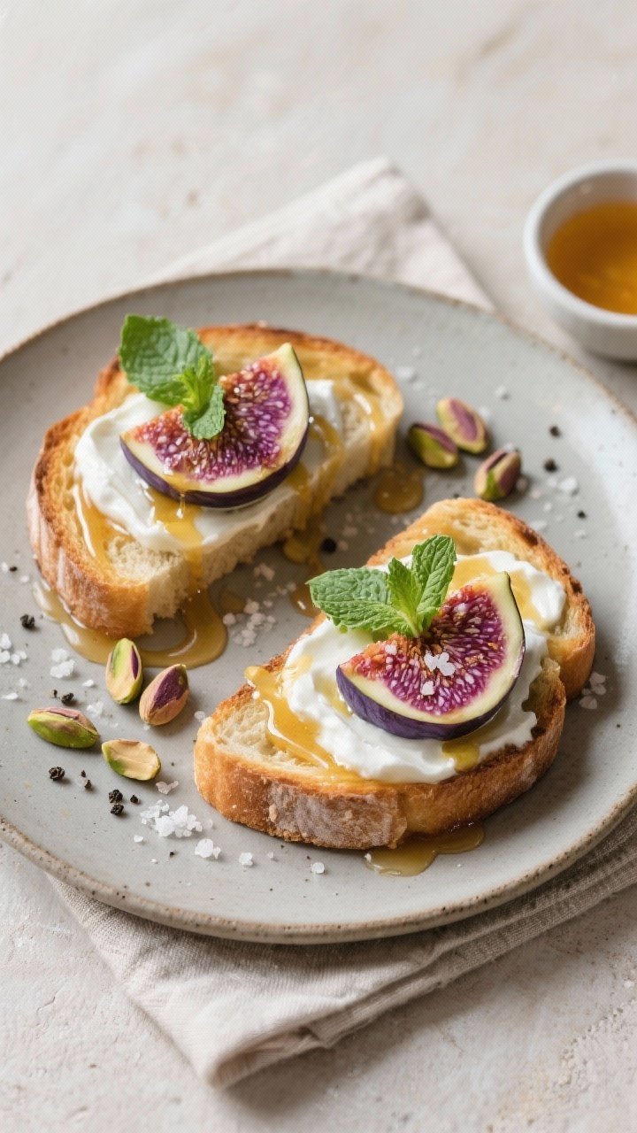 Tasty top view: Final plated Honey Drizzled Fig and Yogurt Toast, restaurant-quality presentation—