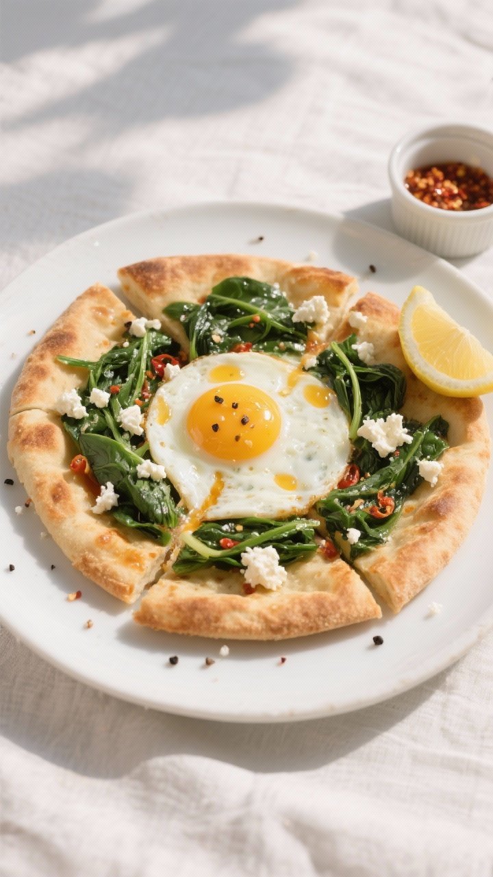Tasty top view, final plated: Overhead shot of the finished Crispy Breakfast Flatbread with Egg and 