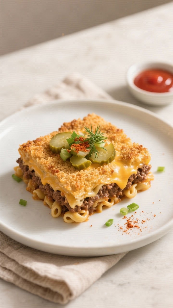 Tasty top view final plating: Overhead shot of a neatly served square of cheeseburger macaroni casse