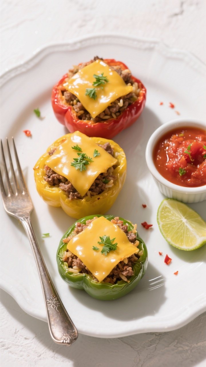 Tasty top view final presentation: Overhead shot of three plated stuffed peppers (red, yellow, green