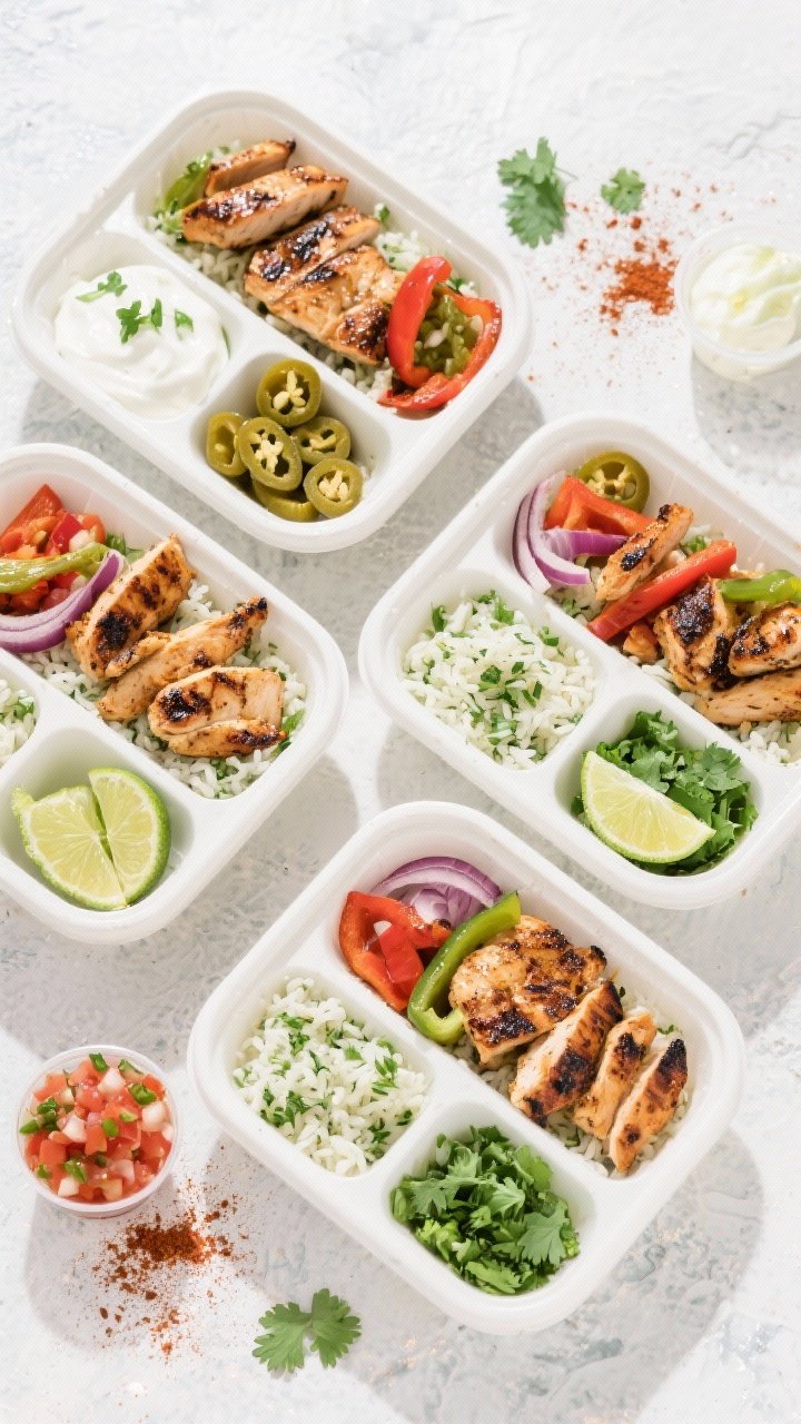 Tasty top view, meal prep assembly: Overhead shot of four meal prep bowls arranged neatly, each with