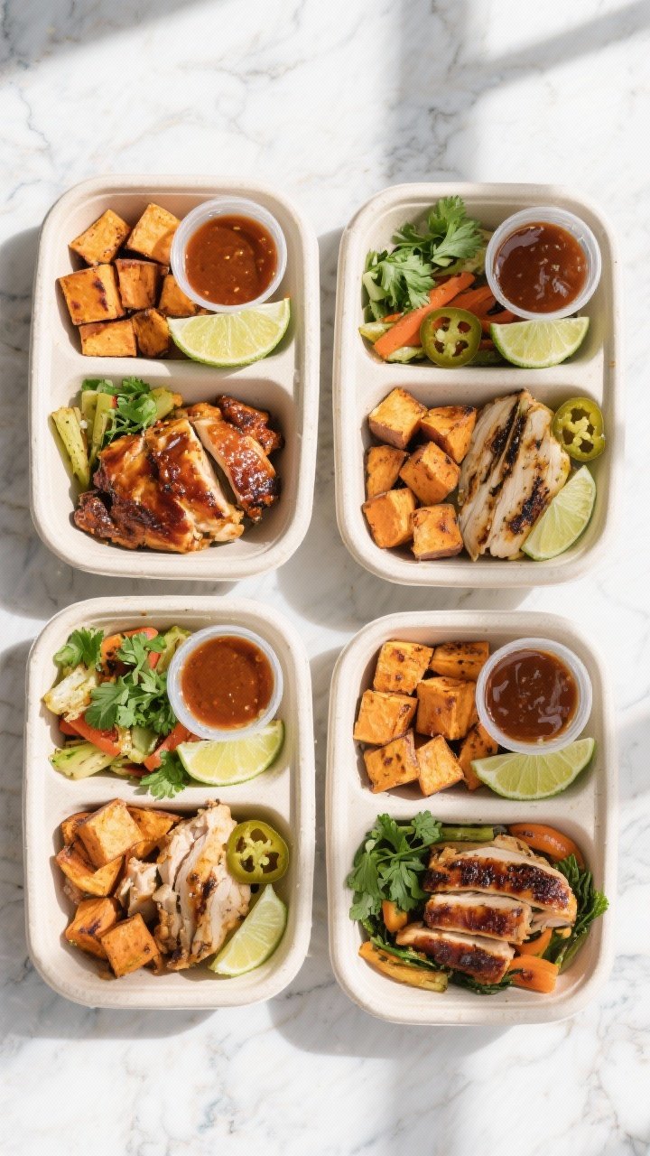 Tasty top view, meal-prep assembly: Overhead shot of four meal-prep containers neatly divided with g