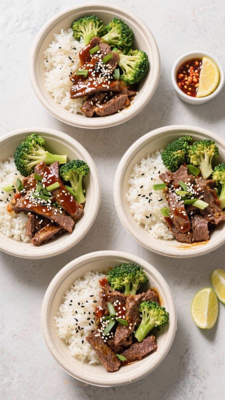 Tasty top view — Meal prep bowls: Overhead shot of four neatly arranged beef and broccoli power bo