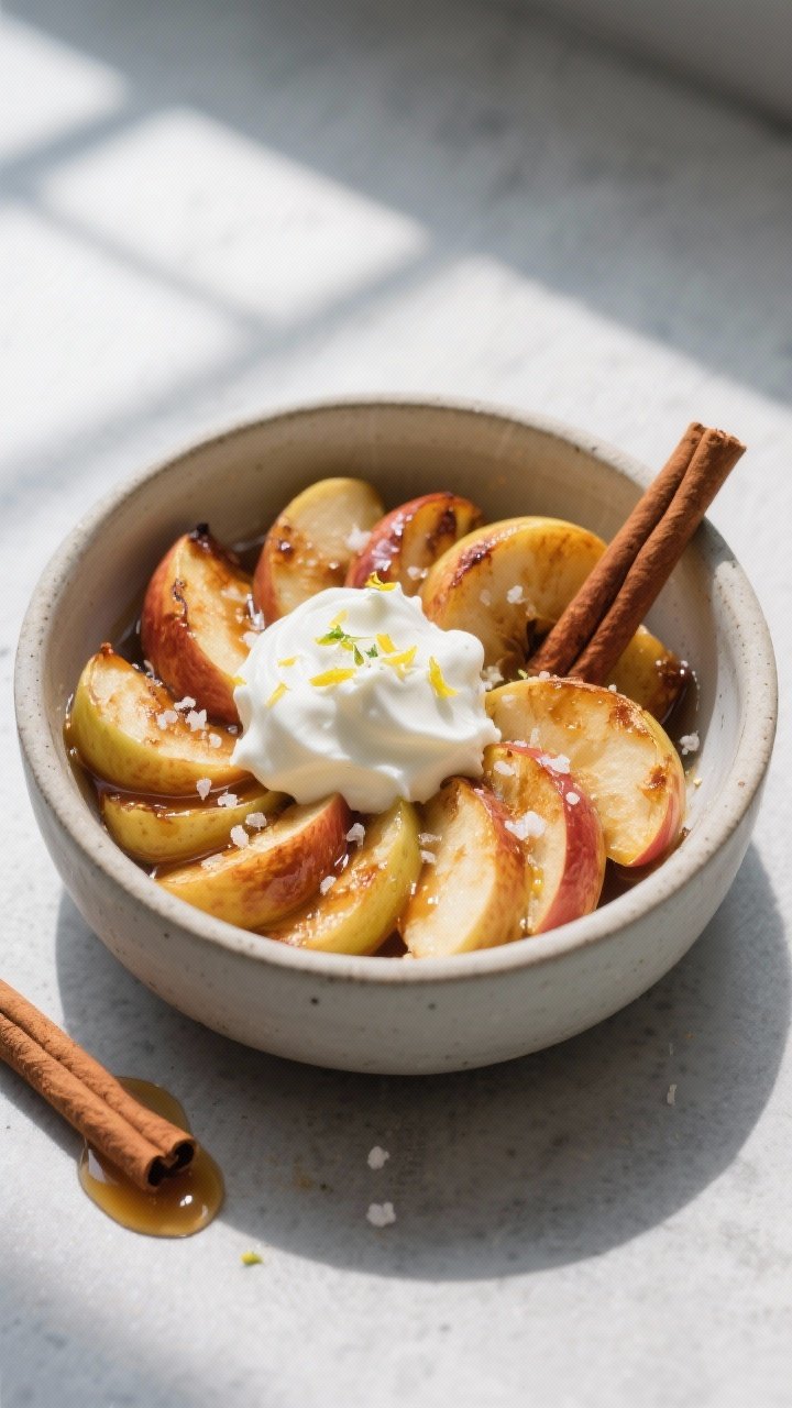 Tasty top view (overhead): Bowl of Healthy Baked Cinnamon Apples served with a generous dollop of th