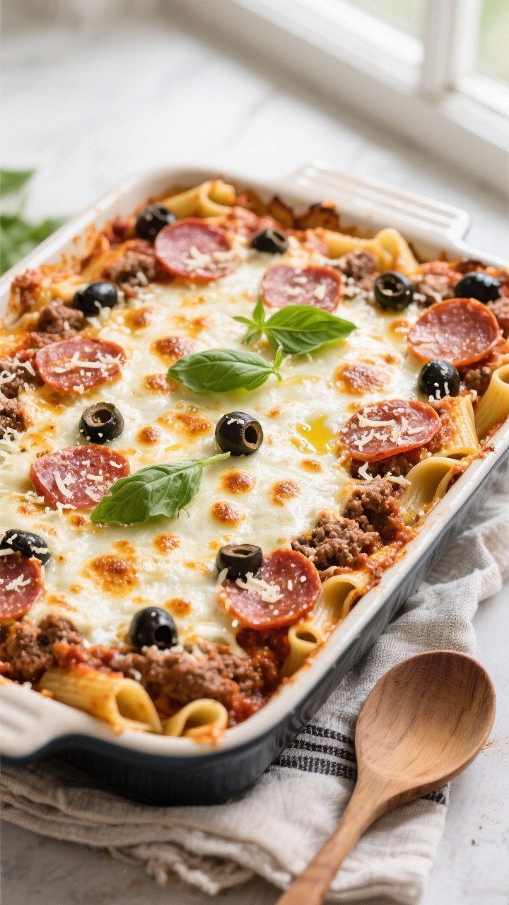 Tasty top view, overhead: Overhead shot of the assembled Ground Beef Pizza Casserole just out of the