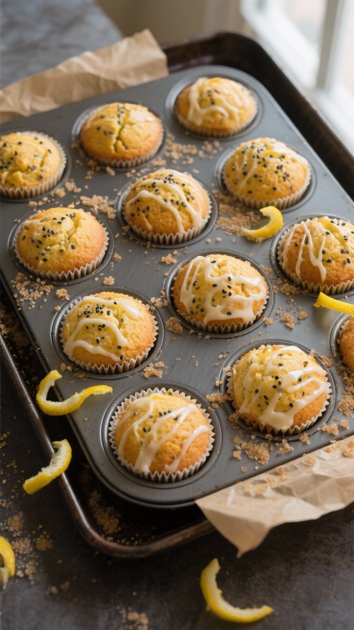 Tasty top view: Overhead shot of a 12-cup muffin tin just out of the oven, each cup holding domed, g