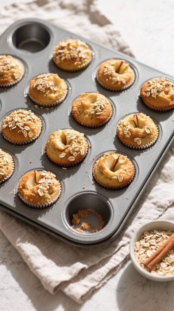 Tasty top view: Overhead shot of a 12-cup muffin tin fresh from the oven with evenly risen apple muf