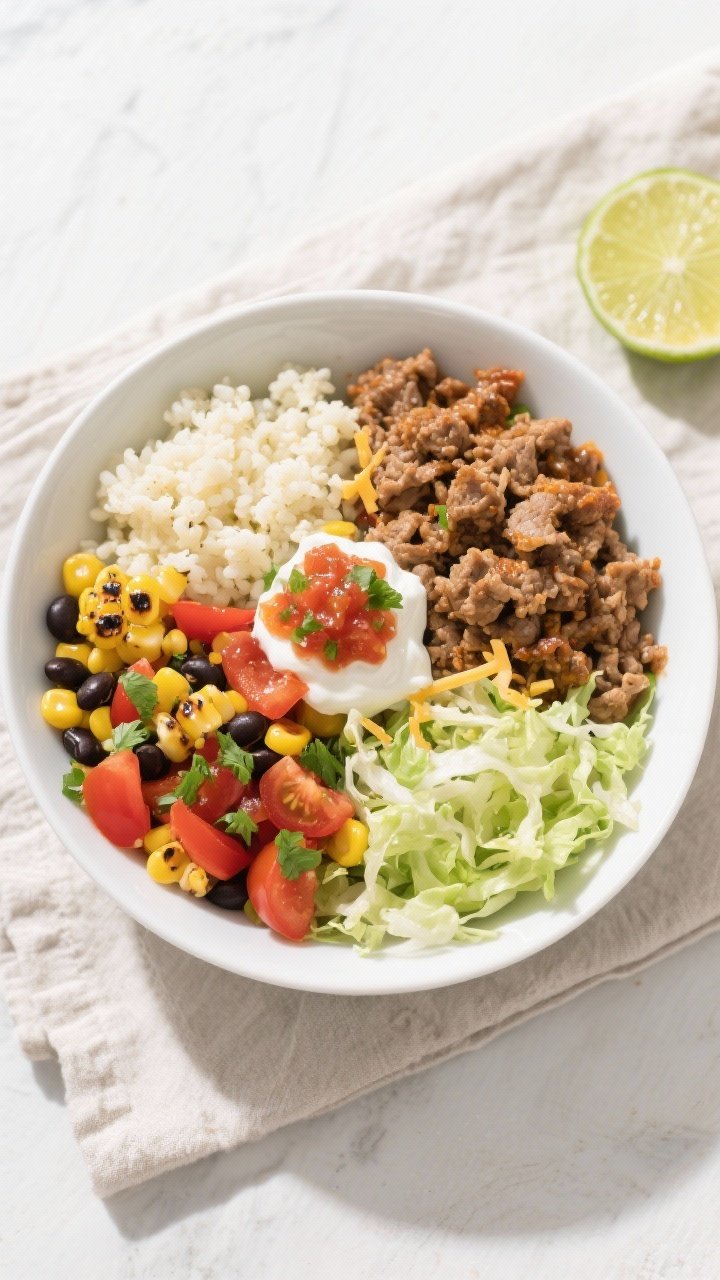 Tasty top view: Overhead shot of a calorie-friendly taco-inspired ground turkey bowl assembled for m