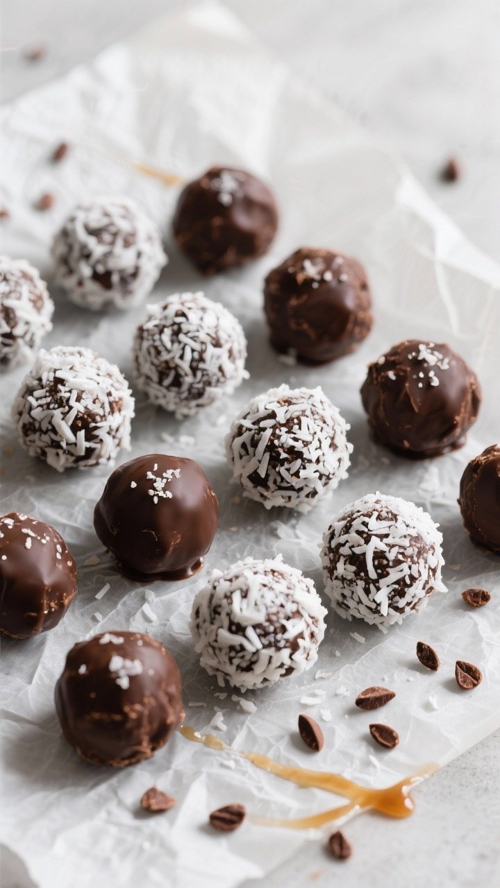 Tasty top view: Overhead shot of a chilled assortment of Healthy Chocolate Protein Balls arranged in