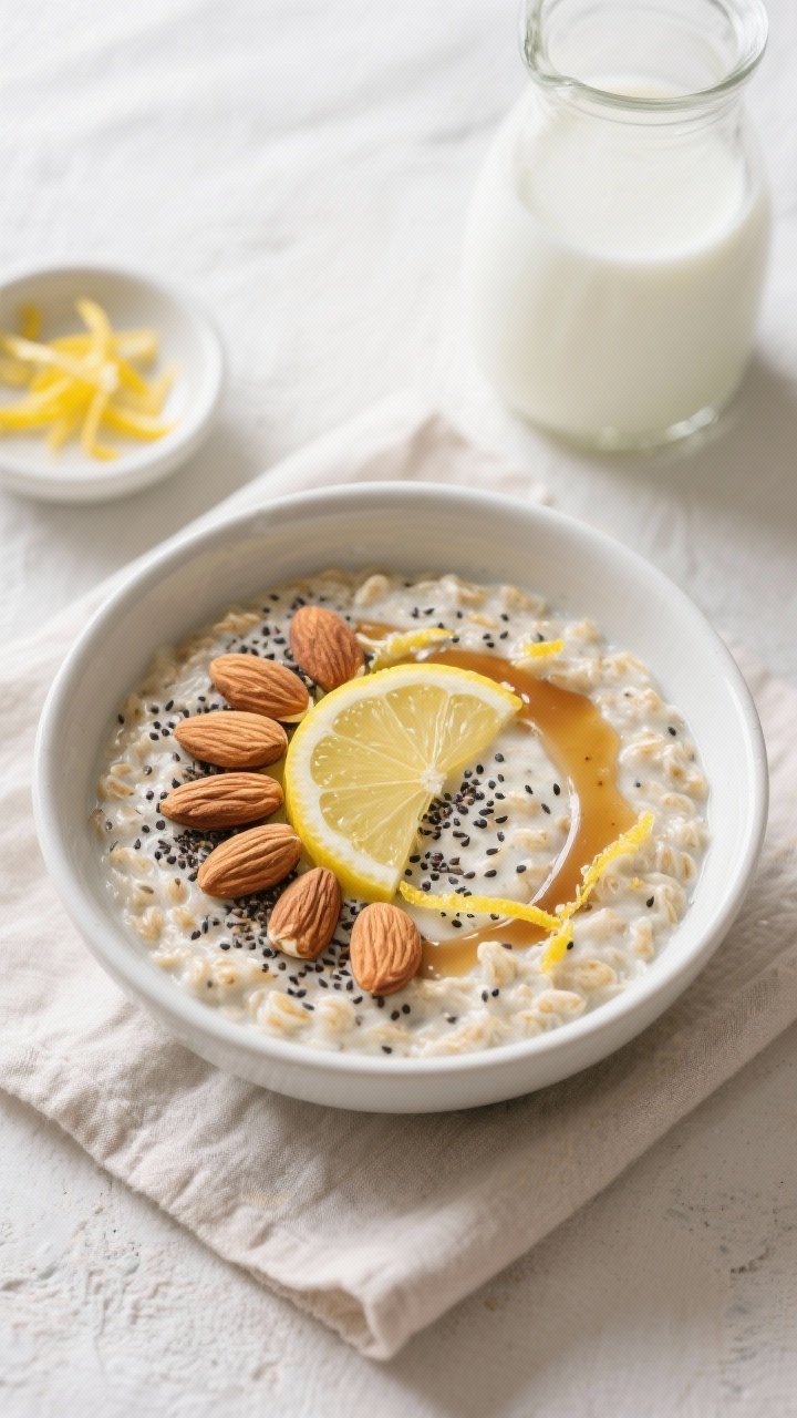 Tasty top view: Overhead shot of a finished bowl of Healthy Lemon Overnight Oats styled “Lemon Pop