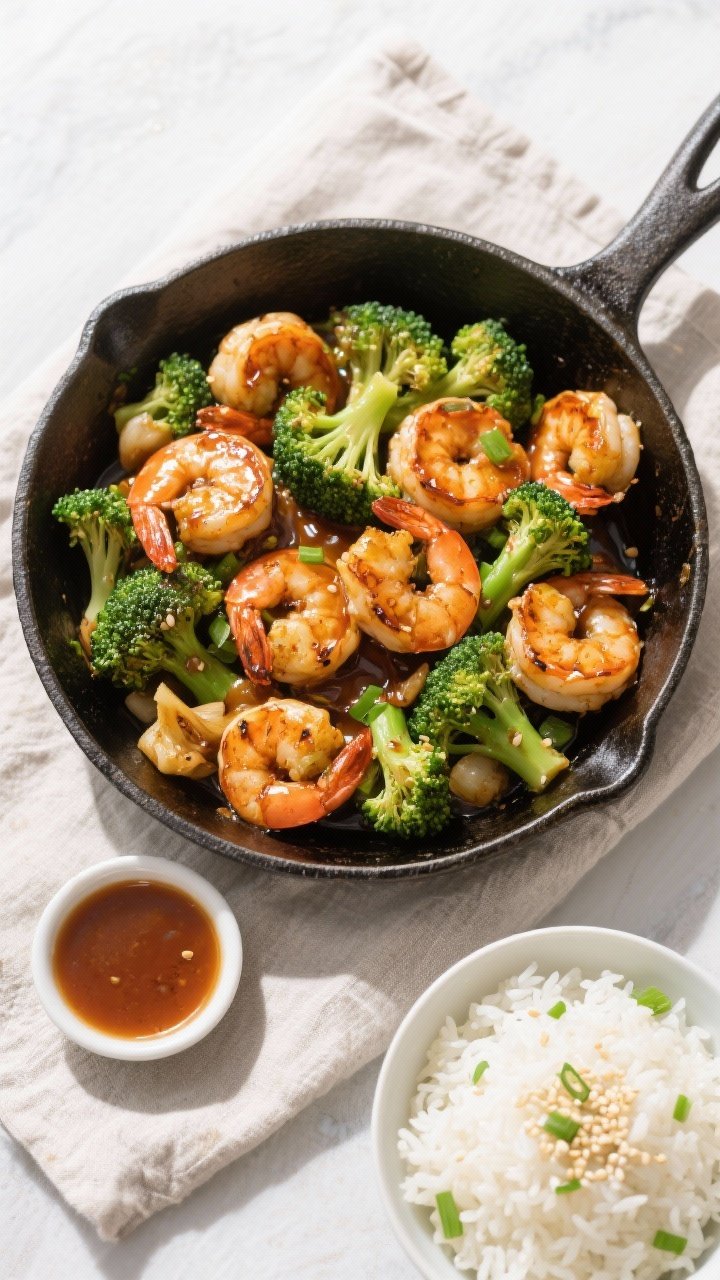 Tasty top view: Overhead shot of a generous skillet-to-table serving of Honey Garlic Shrimp and Broc