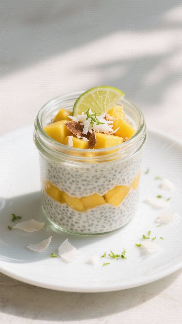 Tasty top view: Overhead shot of a “Mango Coconut” chia pudding parfait layered in a clear 10 oz