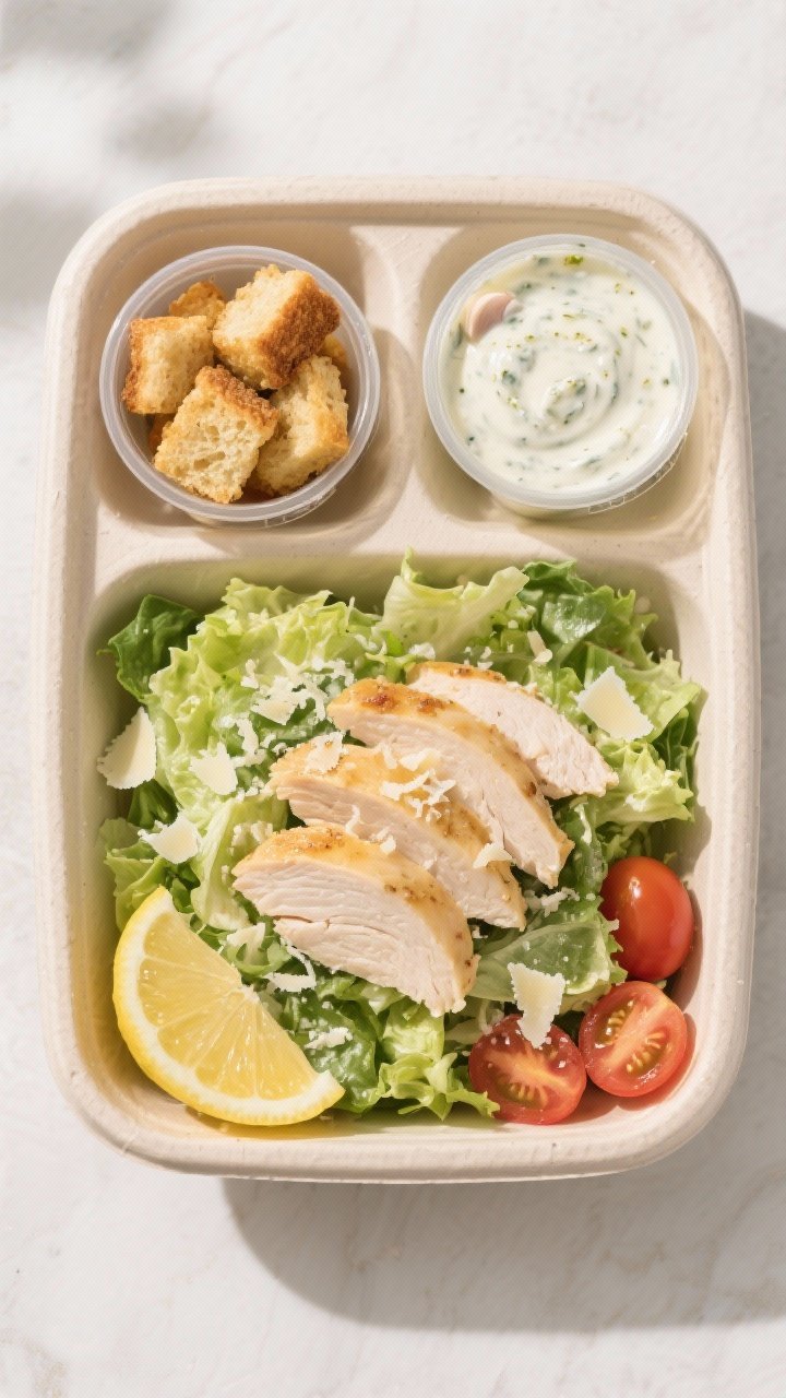 Tasty top view: Overhead shot of a meal-prep container layout for Chicken Caesar Salad—one large c