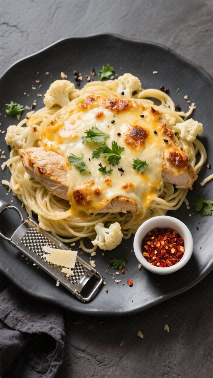 Tasty top view: Overhead shot of a plated serving of keto chicken Alfredo bake on a matte charcoal p