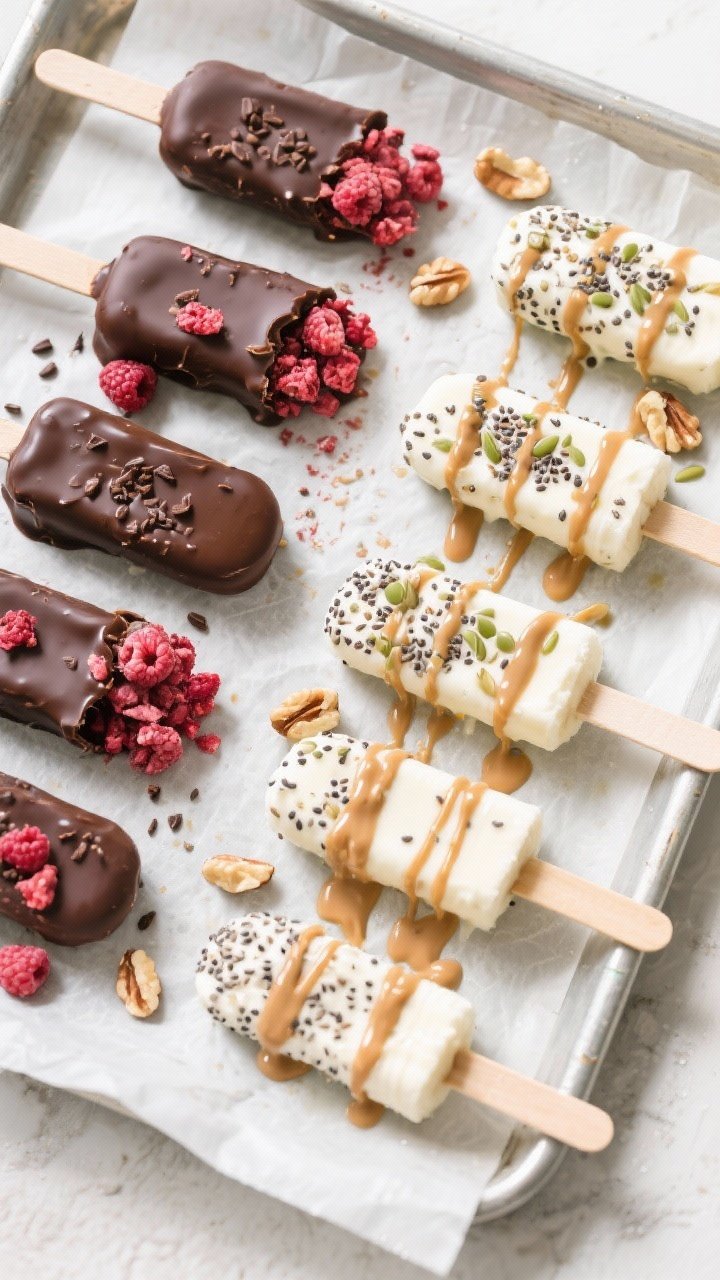 Tasty top view: Overhead shot of an assorted tray of finished Healthy Frozen Banana Pops—half with