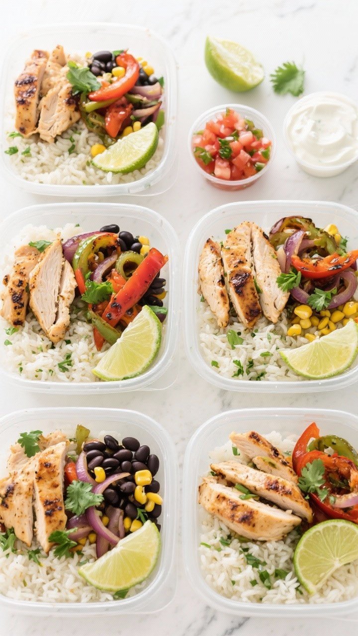 Tasty top view: Overhead shot of assembled chicken fajita meal prep bowls, four containers neatly ar