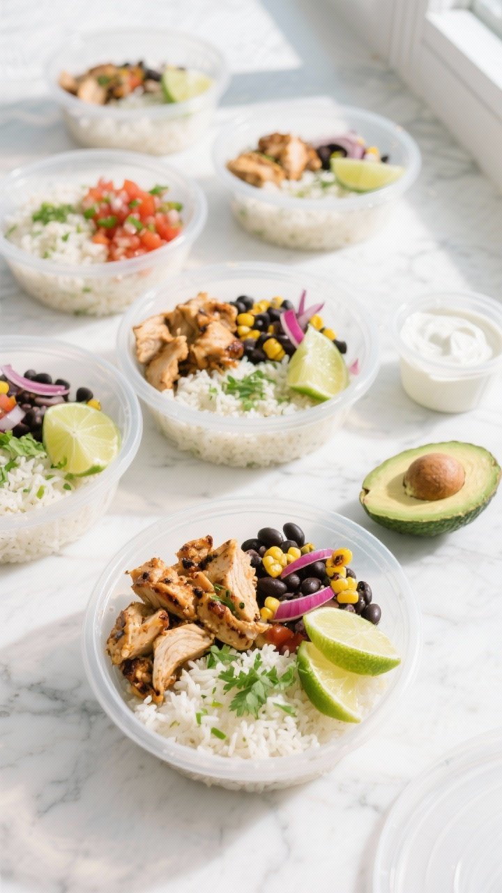 Tasty top view — Overhead shot of assembled chipotle chicken meal prep bowls: cilantro-lime rice b