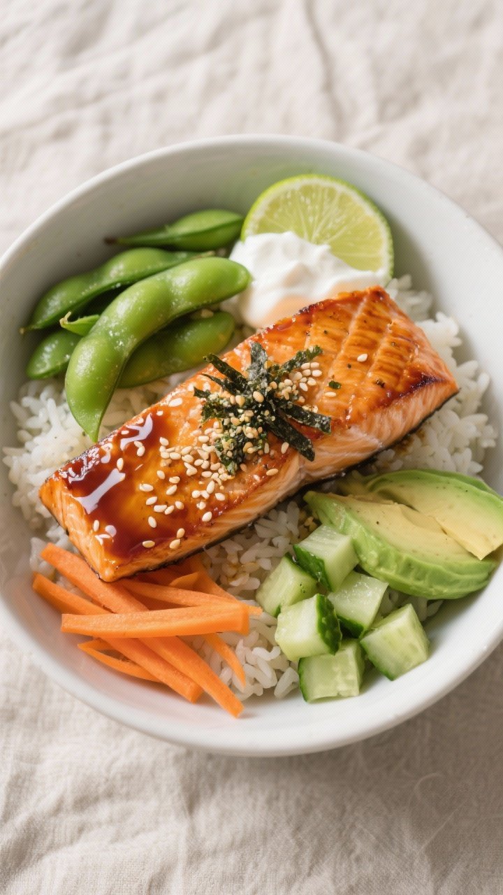 Tasty top view: Overhead shot of assembled High Protein Honey Soy Salmon Bowl—jasmine rice base wi